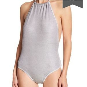 Sam Edelman Metallic Silver Mesh Halter Swimsuit XS